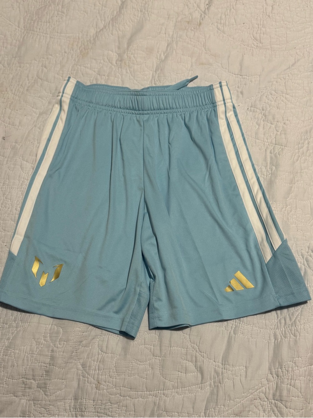 Messi Adidas boys shorts Light Blue Athletic Shorts with Gold Logos
